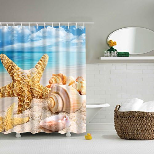 ABxinyoule Starfish Conch Beach Blue Sky Shower Curtain Ocean Seashell Polyester Fabric Bathroom Decal