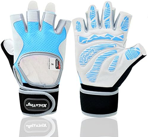 Xinluying Weightlifting Fitness Crossfit Workout Cycling Mountain Bike Gloves Gel Pad Half Finger Wrist Wraps Women Light Blue XX-Small