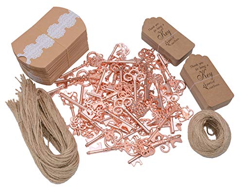 Wedding Favors for Guests 100 Pack Mixed Large Skeleton Key Bottle Openers (Rose Gold) with Tag and Pillow Candy Box and Twine Vintage Bridal Shower Favors Bottle Openers (100 pack Rose Gold)