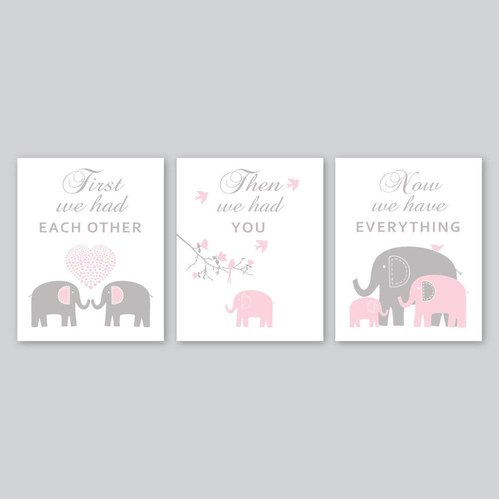 pink and gray elephant nursery decor