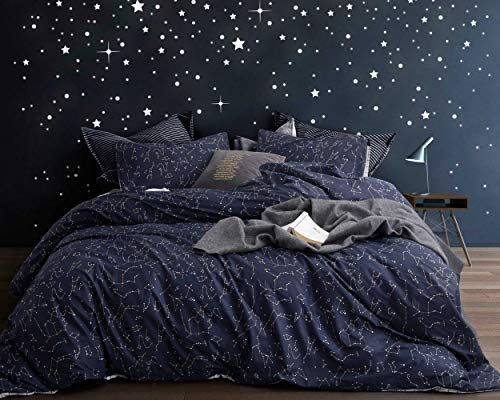 ECOCOTT 3 Pieces Duvet Cover Set Queen 100% Natural Cotton 1 Duvet Cover 2 Pillowcases,Navy and Cosmic Constellation Reversible Printed Pattern Soft Cozy Luxury Breathable and Durable Bedding Set
