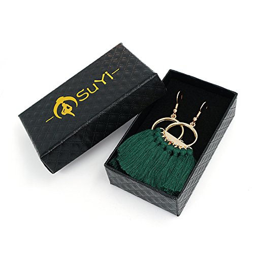 Suyi Women Tassel Earrings Bohemia Fan Shape Thread Tassel Statement Drop Dangle Earrings for Lady Dark Green - Thumbnail 5