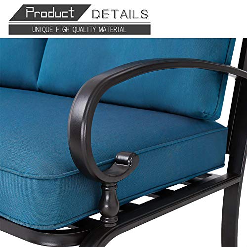 Oakmont Outdoor Patio Furniture Conversation Set Loveseat, 2 Chairs, Coffee Table with Cushion, Lawn Front Porch Garden, Wrought Iron Frame, Peacock Blue