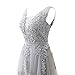 Lady's V Neck Lace Bridesmaids Dress Maxi Prom Dresses Plus Size Mother of The Groom Gown Grey,18w