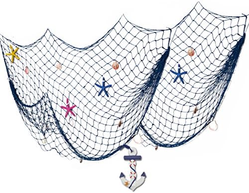 Ureca Mediterranean Style Decorative Fish Net With Anchor, starfish and Shells Blue