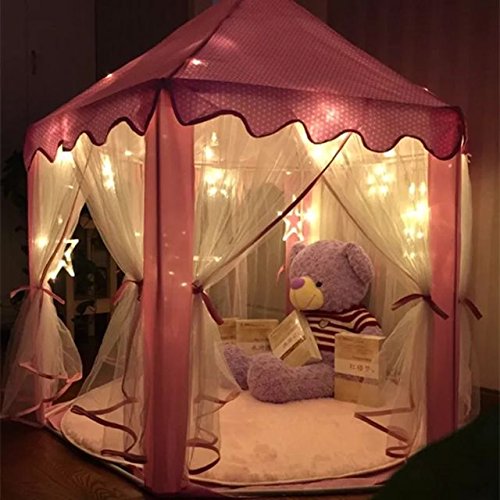 Pink Princess Castle Kids Play Tent Children Playhouse with 23 Feet and 50 Led Star Lights-Indoor and Outdoor Use - Image 4