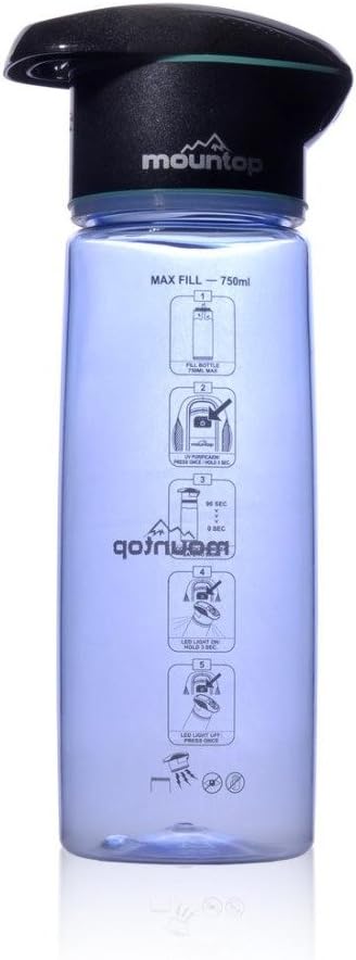 Water Purification, Mountop UV Portable Water Bottle, 750 ML Bottle. UV Cap with LED Display That Sterilizes Water in 90 Seconds. Little Vendor Athletics®