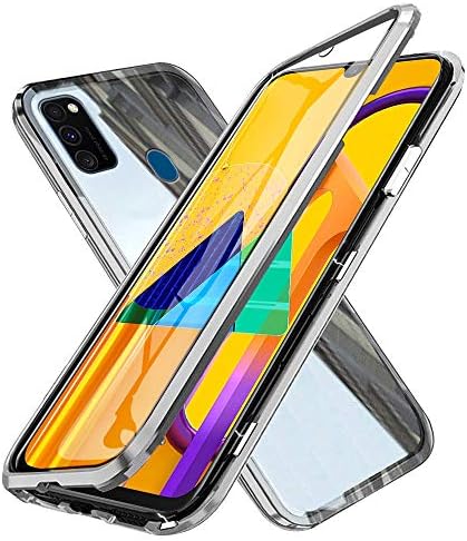 Case for Samsung Galaxy M30S, Fullbody Magnetic Adsorption Flip Cover with Tempered Glass One-Piece Design Ultra Slim Metal Bumper Frame and Shockproof Collision Protective Shell - Silver