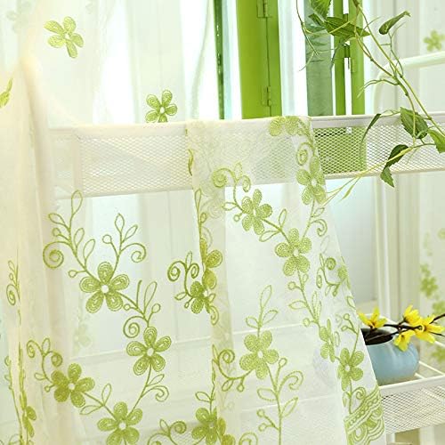 AliFish Country Style Green Voile Curtain Tulle Floral Embroidered Sheer Curtains Room Divider Window Drapes Curtain Panels Decorative Window Treatments for Sliding Glass Door 1 Panel