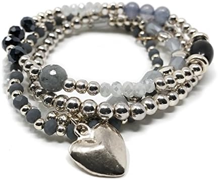 JADE POP - Women's Multicolored Beaded Stretch Stackable Chain Bracelet Set with Charm - Baby Blue