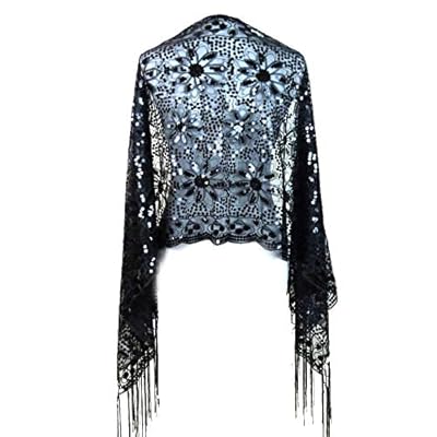 Women's Flower Sequin Decor Evening Wrap Shawl Party Scarf with Tassel