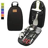 8pcs Camping Cookware Kitchen Utensil Organizer Travel Accessories Set - Portable Bbq Camp Cookware Utensils Travel Kit with Water Resistant Case, Cutting Board, Rice Paddle, Tongs, Knife (Black)