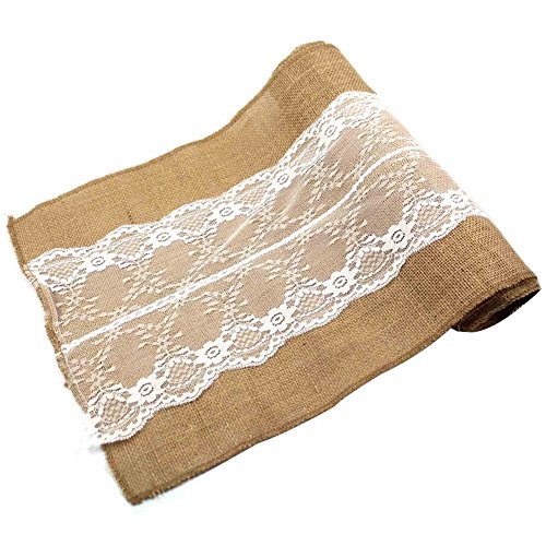 CCTRO Lace Hessian Table Runner, Rustic Natural Jute Country Outdoor Wedding Party Vintage Ivory Burlap Table Cloths Decoration 12x108 inches (2PCS C)