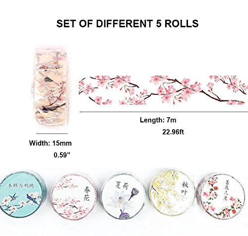 Vintage Floral Flower Washi Tape Set of 5 Rolls Assorted â€“ Classy design Diary Notebook Scrapbook Decorative DIY Japanese Masking Adhesive Sticky Paper Washi Tape Set (width: 15mm)