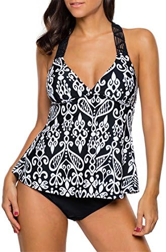 Diukia Women Patchwork Printed Open Back Tankini Top Set 2 Pcs Swimsuit Swimwear X-Large