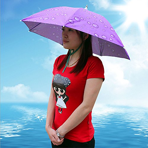 Folding Umbrella Hat Headwear 30.3" ,Hands Free Sunshade Double Layer Protection Anti-UV Parasol for Golf, Traveling, Fishing, Gardening, Beach, Camping, Raining,Party (Purple-Raindrops, 30.3inch)