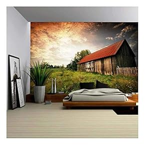 Old Wooden Bar with Red Roof Over The Dramatic Sunset. Zalew Zegrzynski, Poland - Removable Wall Mural | Self-Adhesive Large Wallpaper - 66x96 inches