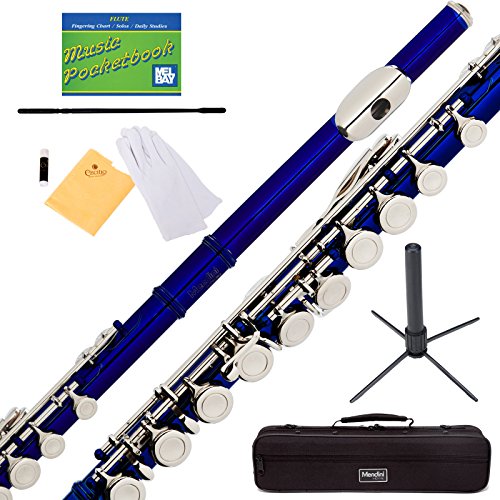 Mendini Closed Hole C Blue Flute with Stand, 1 Year Warranty, Case, Cleaning Rod, Cloth, Joint Grease, and Gloves - MFE-BL+SD+PB