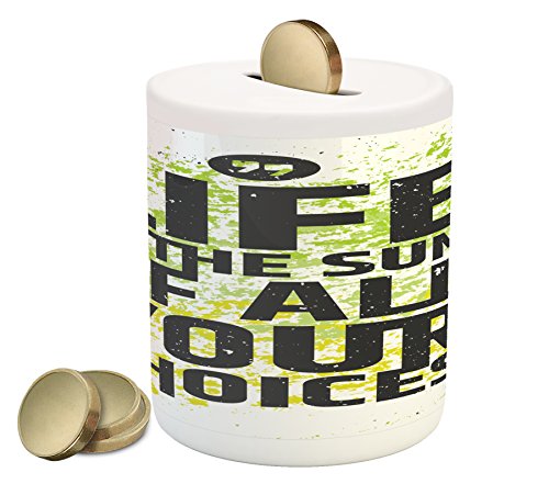 Lunarable Quote Piggy Bank, Grunge Backdrop with Meaningful Quote about Life Choices, Printed Ceramic Coin Bank Money Box for Cash Saving, Charcoal Grey Yellow Green Lime Green - Thumbnail 2