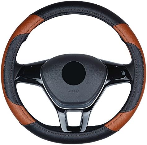 Car Styling High-grade PU leather Steering Wheel Cover Protection 38CM/15'' Universal Anti-slip (Brown Black)