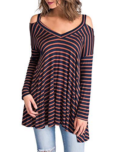[- Blooming Jelly Women's Asymmetric V Neck T Shirt Strappy Cold Shoulder Tops Striped Long Sleeve 