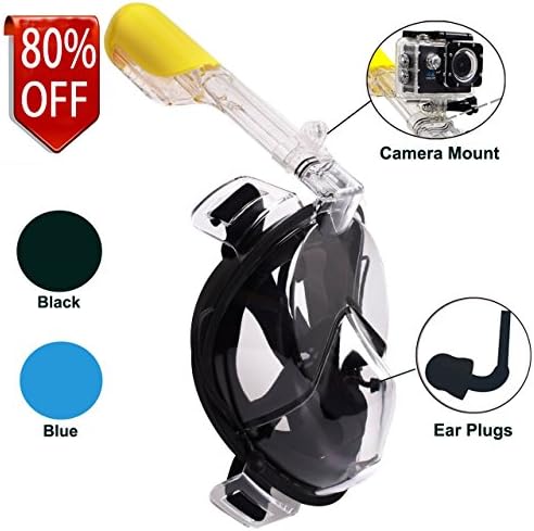 HOPPIC 180° View Full Face Snorkel Mask with Sports Camera Mount, Built-in Silicone Ear Plug, Anti-fog/Anti-leak Techonology, Free Breathing Diving Mask with Carring Mesh Bag for Youth/Adults