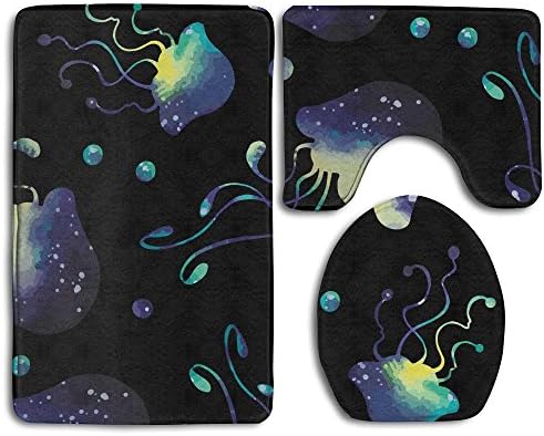 NNHKY 3 Piece Bath Rug Set - Rug (31.49" X 19.68"), Contour Mat (19.68" X 15.74") and Lid Cover (13.77" X 17.71"), Flannel Floor Bath Mat Non Slip Back Medusa Black