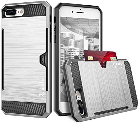 iPhone 7 Plus Wallet Case Ricele Hybrid Slim Brushed Metal Design Case Credit Card Slot Holder for Apple iPhone 7 Plus [Protective Grip Card Case] (Silver)