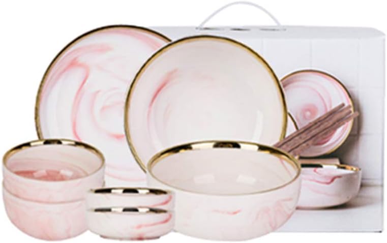 Marble Porcelain Tableware, Fashion Pink Phnom Penh Dinner Set, Handmade Housewarming Gifts, 9 Pieces For 2 People A