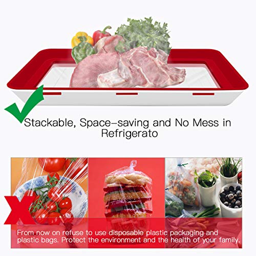 Cadrim Food Preservation Tray, Stackable BPA Free Plastic Food Storage Container with Elastic Reusable Locking Lid for Refrigerator and Freezer (Red, 2) - Thumbnail 4