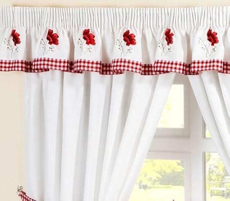 Poppy Gingham Embroidered Red Pelmet To Match Kitchen Curtains