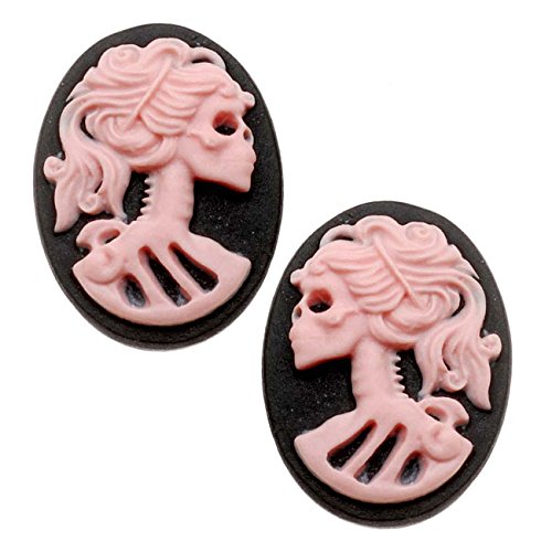 Lucite Oval Cameos - Black With Pink Lolita Skeleton (Left & Right) - 2 Pairs