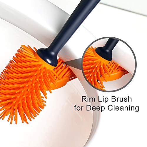 JOOMOON Bathroom Toilet Brush and Holder Set with Lid Anti-Splash, Silicone Bristles, Modern Design with Rim Lip Brush, Space Saving Deep Cleaning Longer Handle, Navy Blue Toilet Bowl Brush