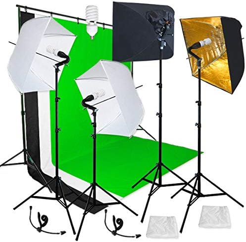 LINCO Lincostore Photography Backdrop Stand 3 Muslins Studio Lighting Light Softbox Kit Gold Umbrella for Portrait and Video Shoot Soft White Umbrella