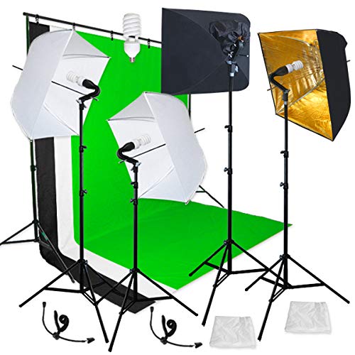 LINCO Lincostore Photography Backdrop Stand 3 Muslins Studio Lighting Light Softbox Kit Gold Umbrella for Portrait and Video Shoot Soft White Umbrella