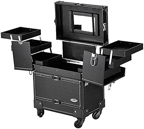 Rolling makeup cosmetic train case black PVC leather professional artist cosmetic trolley case lockable with mirror,4 removable wheels cosmetic organizer box.