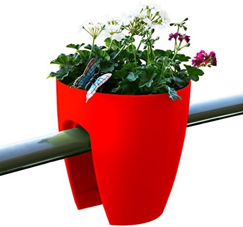 Greenbo Deck Rail Planter Box with Drainage trays, round 12-Inch, Color Red- Set of 6