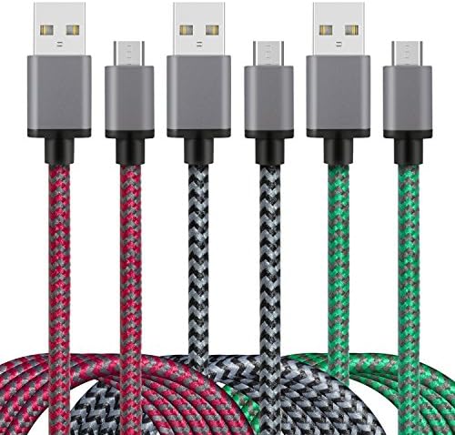 iForever 3-Pack 10ft Durable Nylon braided Tangle Free Micro USB Charging Cable Charge Sync Cord Charger with Metal Connector for Samsung, Nexus, LG, HTC, Sony, Android, Power Bank (Green Blue Rose)