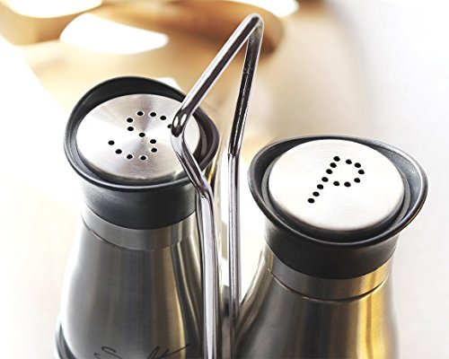 Salt and Pepper Shakers Set - High Grade Stainless Steel with Glass Bottom and 4' Stand - 4
