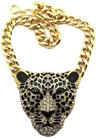 Qijavan Large Diamond Accent Leopard Head Pendant Necklace with Wide Chain,Leopard Necklace for Women