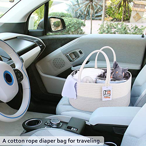 Mebbay Baby Diaper Caddy Organizer, Cotton Rope Storage Basket, Nursery Storage Bin for Changing Table and Car, Detachable Partition with Bottle Holder, Gray