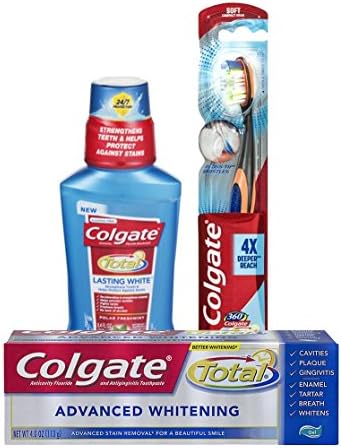 Colgate Total Lasting White Mouthwash, Advanced Whitening Toothpaste and Soft Toothbrush Bundle (3 items) (Orange)