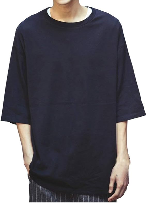 Amazon メンズ ビッグtシャツ ビック 高品質 ゆったり シルエット 無地 ビッグシルエット ロング丈 Tシャツ Uネック 良質素材 カットソー 6分袖 Xl ブラック Tシャツ カットソー 通販