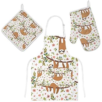 U-Life Apron with Pocket Oven Mitt Pot Holder Set Sloth Floral Flowers Animal for Women Men Kids