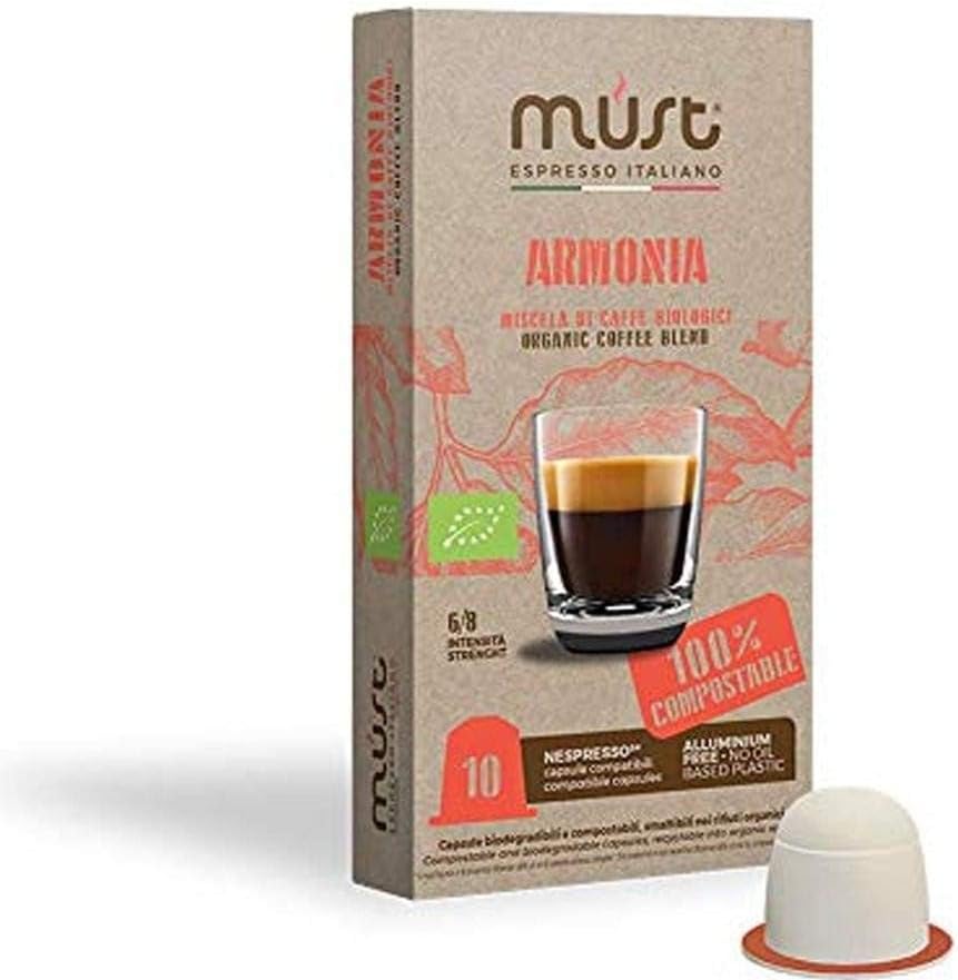 Must Espresso Plus Armonia Organic Coffee Capsules - Nespresso Compatible, Bio-Degradable - Compostable Pods | FAIR Trade | 10 Pack