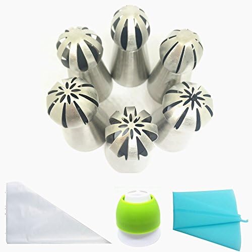 Russian Sphere Ball Piping Tips 18pcs Set: 6pcs Sphere Tips + 1 Tri-Color Coupler+ 1 Reusable Silicone Pastry Bag + 10 Disposable Bags