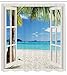 Ambesonne Turquoise Shower Curtain Beach Home Tropical Palms on Island Ocean Through White Wooden Windows Cloth Fabric Set with Hooks for Bathroom Decor and Backdrop 69