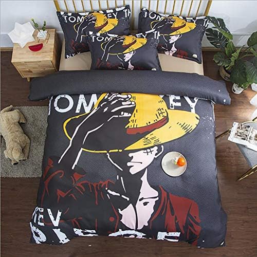 Xingjo 3 Pcs One Piece Luffy Print Duvet Cover Set with Two Pillow Cases,Cute Monkey D Luffy Pattern Bedding Set for Kids & Teens Anime Fans,Cute Pillows for Teen Girls