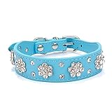 Gimilife Pet Collars 2 Rows Rhinestone Bling Flower Studded PU Leather Dog Collar for Small or Medium Dogs (Blue M, S)