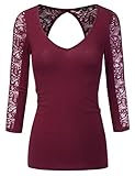 Doublju V-Neck Lace Paneled Top With Cut Out Back (Plus size available)